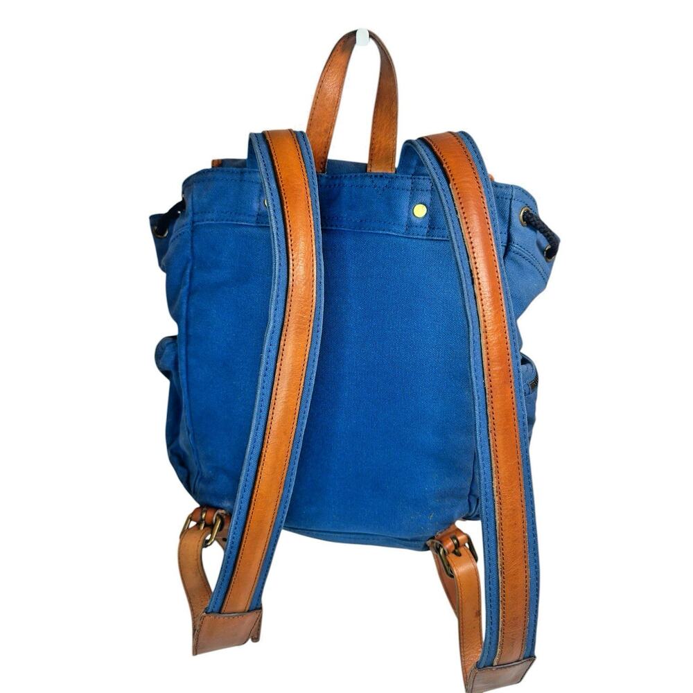 Burberry Blue Cotton Canvas Backpack Rucksack ~ Brown Leather Trim~ Drawstring - Picture 2 of 11